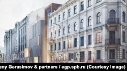 A visualization of the new wing of the Dostoyevsky museum in St. Petersburg. The old building is to the right. The facade of the new, modern wing can be seen to the left, in a space where a small green space now exists.