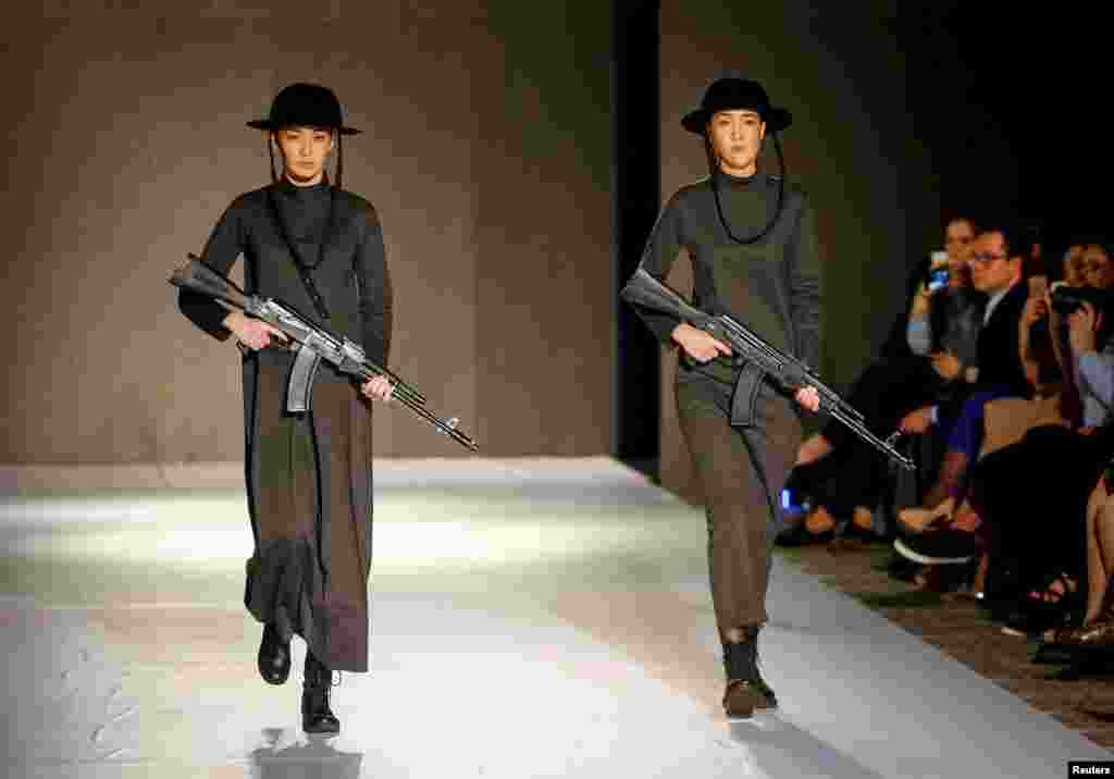 Models present creations by Kazakhstan's design house ABZAL during Kazakhstan Fashion Week in Almaty on April 20. (Reuters/Shamil Zhumatov )