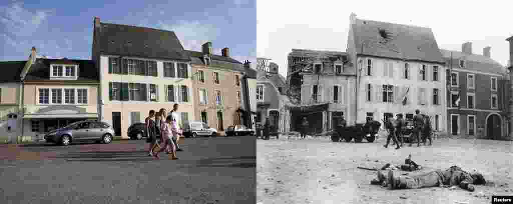 Цела нямецкага жаўнера ляжыць на галоўнай плошчы &nbsp;Place Du Marche пасьля таго,як горад быў узяты амэрыканскімі войскамі.