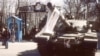 A tank with a portrait of Ayatollah Ruhollah Khomeini at the Niavaran Palace in Tehran on February 12, 1979