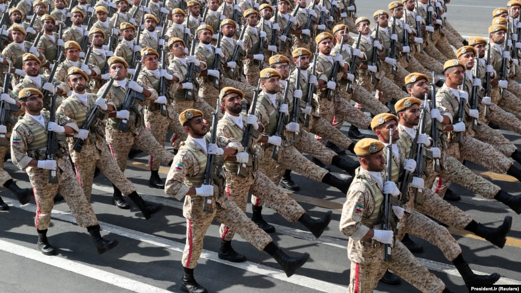 Members of the Iranian armed forces march at a National Army Day parade in Tehran on September 22, 2019.