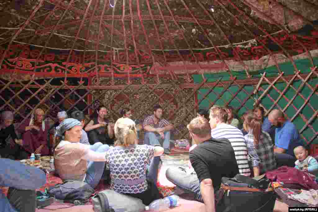 Yurts, the traditional tent dwellings of Kyrgyz nomads, provide visitors with refreshments. 