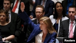 File - US Ambassador to the United Nations Samantha Power votes on Iran during a United Nations Security Council meeting at the UN headquarters in New York, July 20, 2015