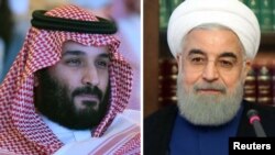 На комбинированном фото — кронпринц Саудовской Аравии Мохаммад бин Салман (слева) и президент Ирана Хасан Роухани. 