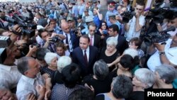 Armenia - Prime Minister Hovik Abrahamian meets with protesting workers of the Nairit chemical plant, Yerevan, 10Jul2014.