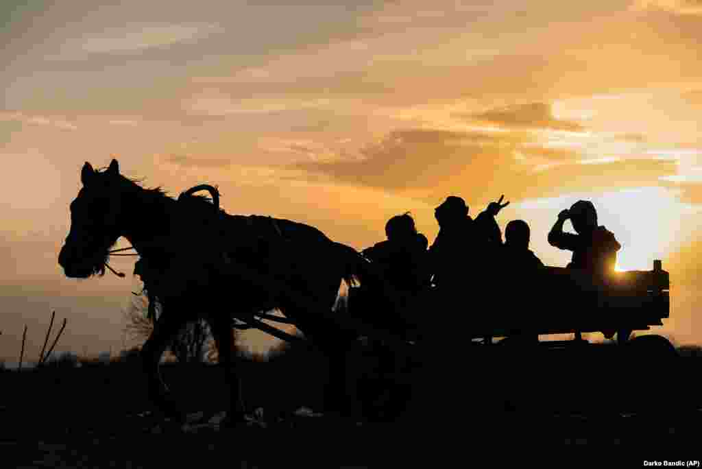 A migrant flashes a victory sign as he rides with others in a cart near the Turkish-Greek border. Thousands of migrants headed for Turkey&#39;s land border with Greece after President Recep Tayyip Erdogan&#39;s government said last week that it would no longer prevent migrants and refugees from crossing over to European Union territory. (AP/Darko Bandic)