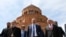 Nagorno-Karabakh - Armenian Prime Minister Nikol Pashinian (C), Karabakh President Bako Sahakian (R) and Archbishop Pargev Martirosian leave the newly built Holy Mother of God Cathedral in Stepanakert, May 9, 2019.