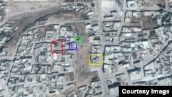Места попаданий российских бомб в Телль-Бисе (Талбисе), вычисленные на основе видеосъемок и фотографий в интернете