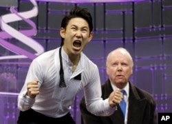 Denis Ten after seeing his scores for the men's free-skate program at the World Figure Skating Championships in Ontario, Canada, in 2013.