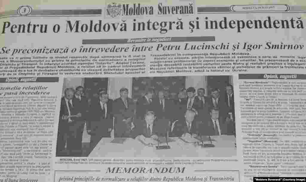 &quot;Moldova Suveran&quot;, 24 mai 1997, semnarea la 8 mai a &quot;Memorandumului privind principiile de normalizare a relaţiilor dintre Republica Moldova şi Transnistria&quot;