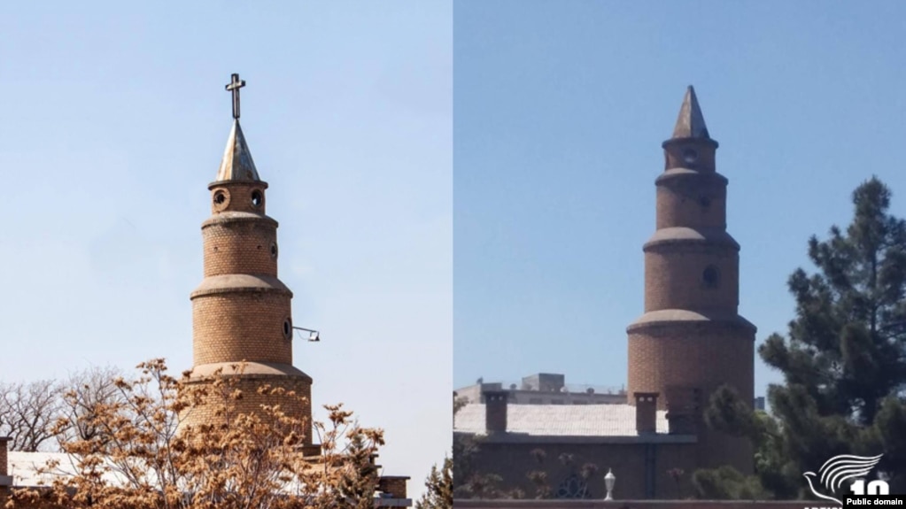 Assyrian Presbyterian church in Tabriz Iran was raided by intelligence agents on May 9, 2019 and closed down. The photo shows the church before and after, without a cross.