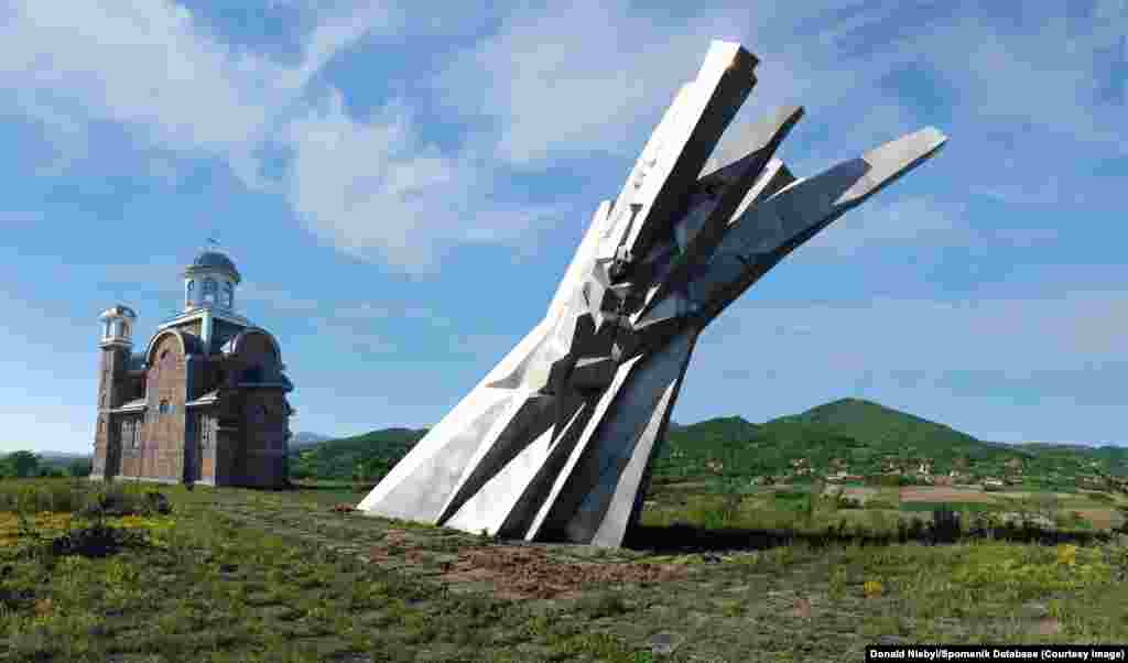 The monument to courage in Ostra, central Serbia, commemorating men from a nearby city who died fighting Nazi troops in World War II. &nbsp;