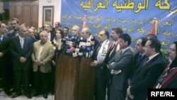 Salih al-Mutlaq, an influential secular Sunni politician (with hand on lectern), helping announce the creation of the Iraqi Patriotic Movement in October. 