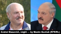 Аляксандар Лукашэнка на фота БелТА: зьлева фота Андрэя Стасевіча (жнівень 2017-га), справа фота Максіма Гучэка (люты 2017-га)