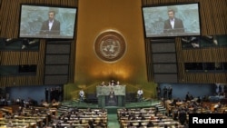 Iranian President Mahmud Ahmadinejad addresses diplomats during a high-level meeting of the General Assembly on the Rule of Law at the United Nations headquarters in New York on September 24, where he sparked an Israeli walkout.