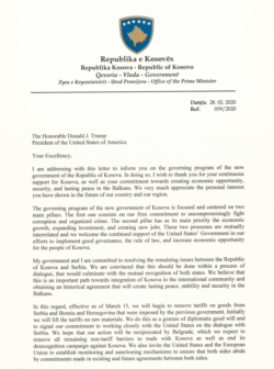 Letra që kryeministri Kurti i ka dërguar presidentit Trump.