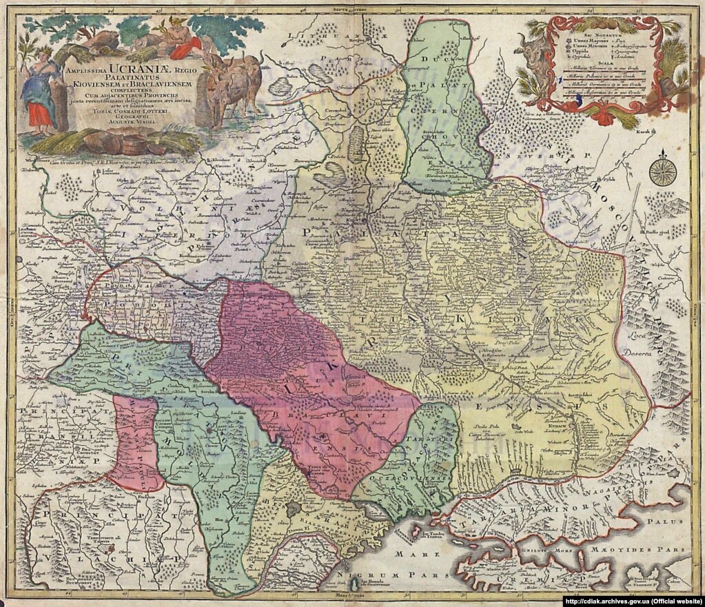Мапа України 1740-х років. «Географічна карта України з Київським и Брацлавським воєводствами і відповідними провінціями…», виконана одним з найбільших граверів-картографів і видавців Німеччини Георгом Матеусом Зойтером і видана Тобіасом Конрадом Лоттером