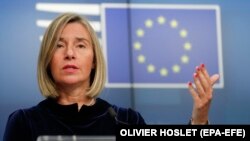 European Union foreign policy chief Federica Mogherini give a press conference during a joint Foreign Affairs Council / Eastern Partnership in Brussels, Belgium, 13 May 2019. 