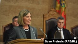 EU foreign policy chief Federica Mogherini addresses the Montenegrin parliament in Podgorica on March 1.