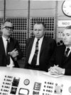 Germany -- Radio Liberty Master Control; Head of Radio Liberty's Engineering Department Richard Jewel Tanksley (L) , Munich, 1964.