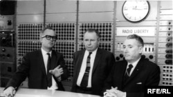 Germany -- Radio Liberty Master Control; Head of Radio Liberty's Engineering Department Richard Jewel Tanksley (L) , Munich, 1964.