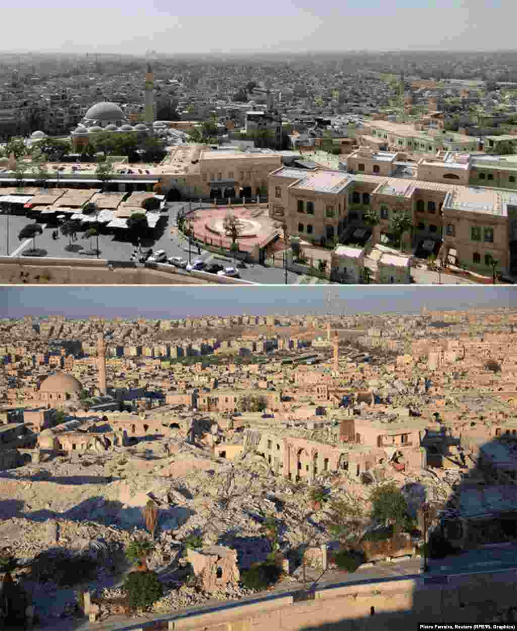 Mai multe moschei și clădiri din jurul citadelei istorice a Alepului au fost transformate în ruine.