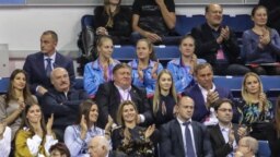 Alyaksandr Lukashenka and others attend a match of the Fed Cup tennis tournament in Minsk in 2017.