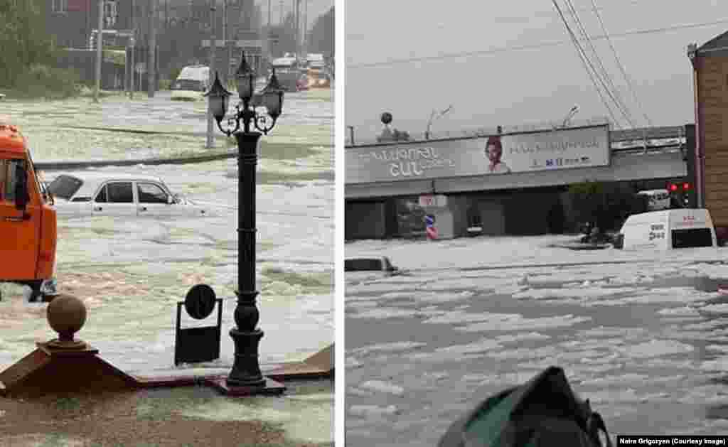 Central Gyumri as water levels rise and hail clumps together into ice floes Naira Grigorian, who runs a tour company in Gyumri, told RFE/RL that the downpour began around 4 p.m. on July 13. She says that within minutes, the area near her house resembled &ldquo;an icy ocean&rdquo; as hail clogged drains and floated into clumps in the resulting floodwater. &nbsp; &nbsp;