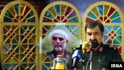 Secretary of the Expedience Council and former commander of Iranian Revolutionary Guards, Major General Mohsen Rezaei speaking in the memorial of IRGC general Hossein Hamedani who was killed in Syria, on Sunday October 11, 2015.