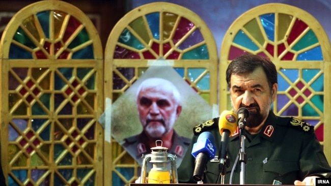 Secretary of the Expedience Council and former commander of Iranian Revolutionary Guards, Major General Mohsen Rezaei speaking in the memorial of IRGC general Hossein Hamedani who was killed in Syria, on Sunday October 11, 2015.