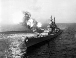 A U.S. warship hammers North Korean positions in Chong Jin, near North Korea’s border with China, on October 21, 1950. The UN had full control of the sea and dominated the skies.