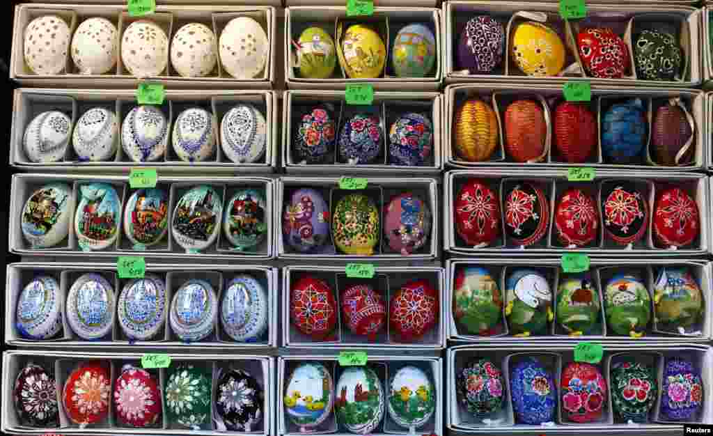 Traditional Easter eggs are displayed at a stand on Prague's Wenceslas Square. (Reuters/Petr Josek)