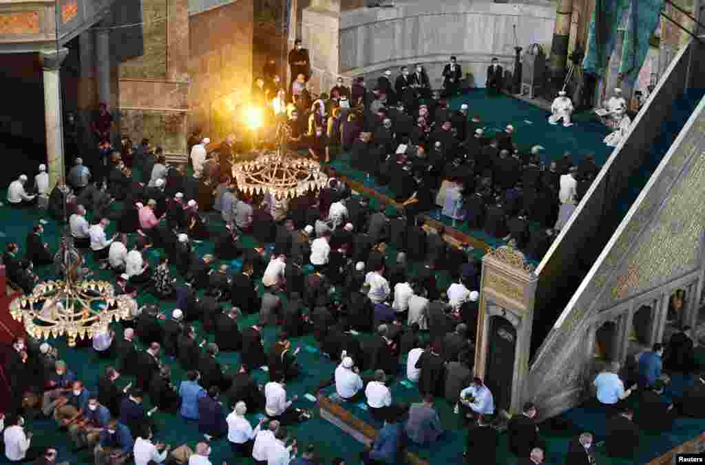 Prayers underway on July 24. Hagia Sophia was the Roman Empire's first Christian cathedral and one of the most famous Byzantine structures in the world. It was converted from a Greek Orthodox cathedral to a mosque in 1453, when the Ottomans conquered Constantinople, renaming the city Istanbul.