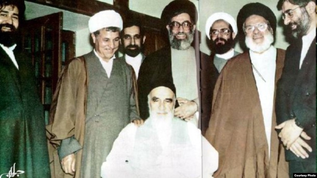 Ayatollah Rouhollah Khomeni with leaders of the Islamic Republic in the 1980s. Ali Khamenei standing behind him.