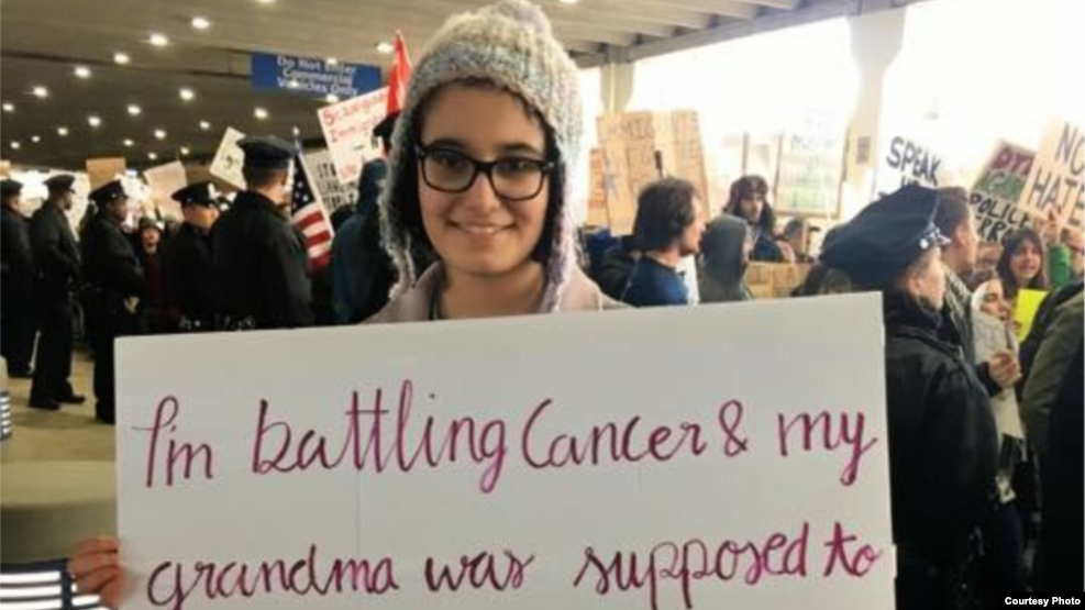 Kiana Ghanei protests at Philadelphia's airport on January 28, the day her grandmother was supposed to arrive from Iran.