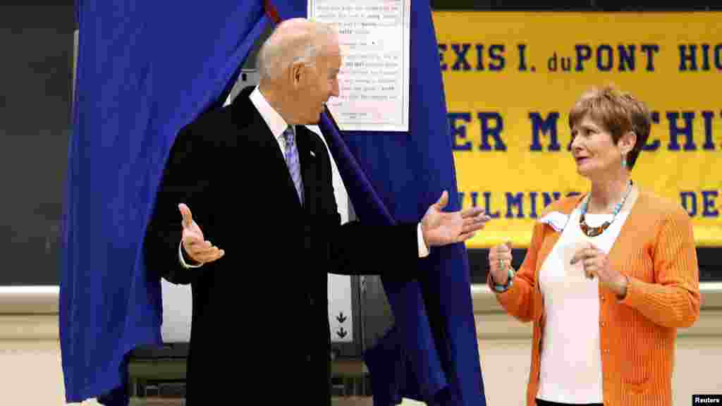 Vice President Joe Biden emerges from a voting booth after casting his ballot in Greenville, Delaware.