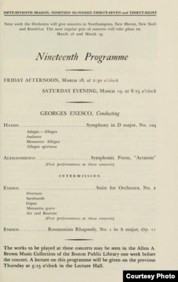 Pagină din programul adnotat al concertului „In memory of Enescu” de la Paris.