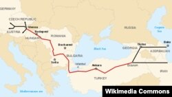 The projected path of the Nabucco pipeline, between the Caspian Sea and Western Europe.