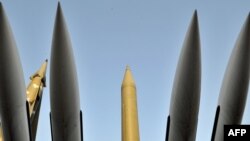 South Korea -- Replicas of North Korea's Scud-B missile (C) and other South Korean missiles at the War Memorial in Seoul, 29Apr2009 