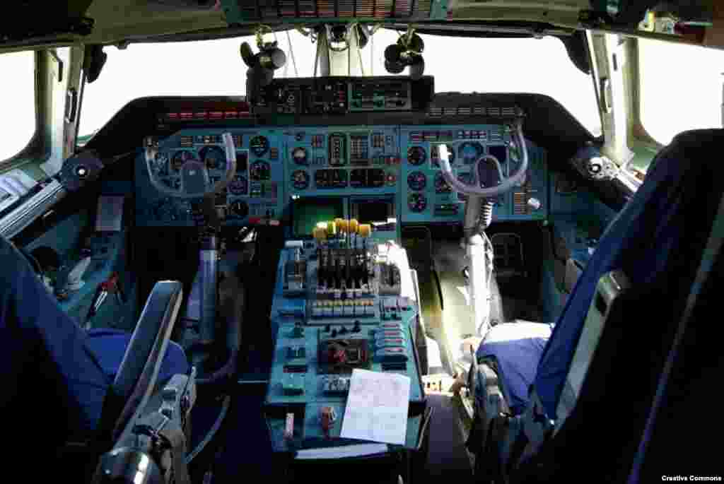 A file photo of the cockpit of the An-225, which flies with a crew of six