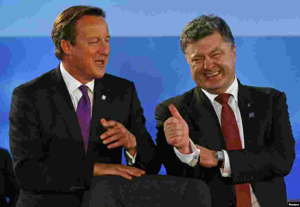 British Prime Minister David Cameron (left) shares a laugh with Ukrainian President Petro Poroshenko during the NATO summit in Wales on September 4. (Reuters/Yves Herman)