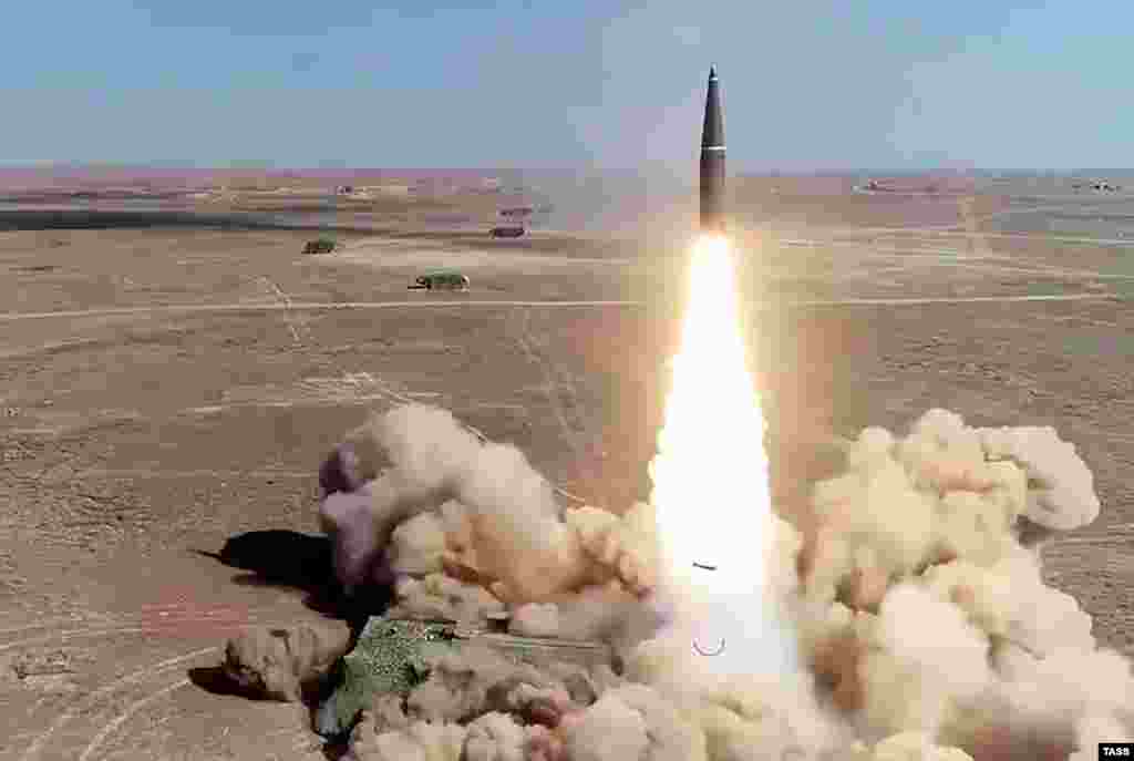 An Iskander missile blasts off at a testing range in Kazakhstan. According to Russia’s state-funded media, the scenario of the games is that radical Islamists have formed a rogue state “in the southwest of Russia.”