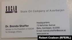 A business card identifying Brenda Shaffer as an adviser to SOCAR.