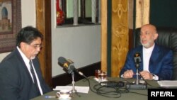 Afghan President Hamid Karzai (right) speaks with Akbar Ayazi, director of RFE/RL's Radio Free Afghanistan in Kabul.