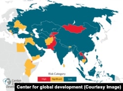 Степень риска стран-должников перед Китаем по версии Center for Global Development.