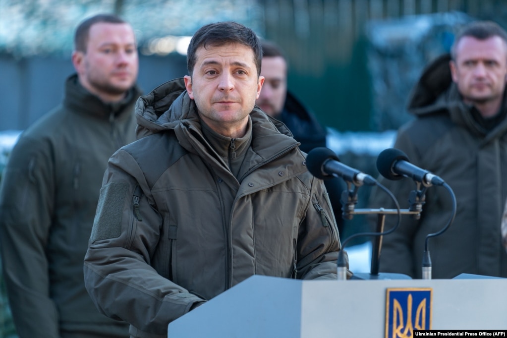 Ukrainian President Volodymyr Zelenskiy speaks during a meeting with soldiers while visiting the Donetsk region on December 6. His election campaign was filled with promises of peace.