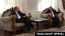 Tajikistan -- Meeting President of Radio Free Europe/Radio Liberty Jamie Fly with minister of foreign affairs of Tajikistan Sirojiddin Muhriddin, Dushanbe city, 27Aug2019