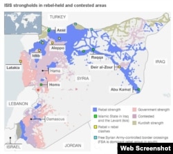 Районы, контролируемые повстанцами в Сирии. Территории, захваченные ISIS, обозначены синим цветом. Скриншот сайта ВВС.