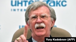 RUSSIA -- U.S. National Security Advisor John Bolton speaks during a press conference in Moscow, June 27, 2018