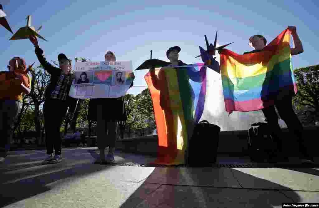 LGBT activists and their supporters hold a rally on the International Day Against Homophobia, Transphobia, and Biphobia in central St. Petersburg on May 17. (Reuters/Anton Vaganov)